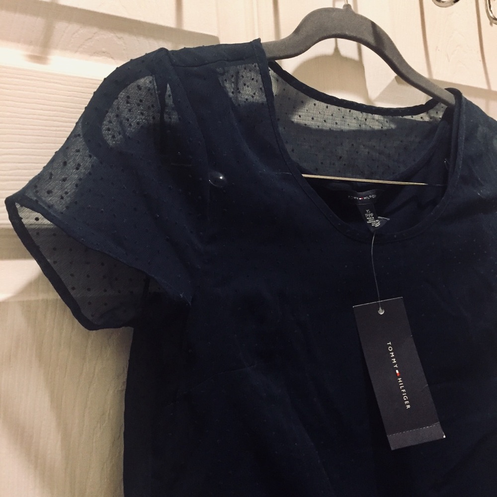 NWT Tommy Hilfiger Sheer Navy Dotted Top